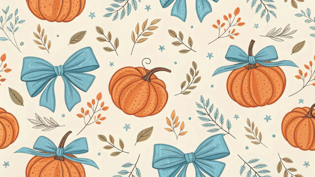 Watercolor with alternating blue pumpkins and bows beautifully background