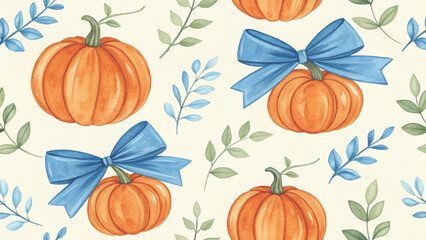 Watercolor with alternating blue pumpkins and bows beautifully background