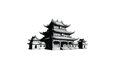 Traditional asian pagoda line art illustration of ancient temple architecture. Vector retro hand drawn illustration