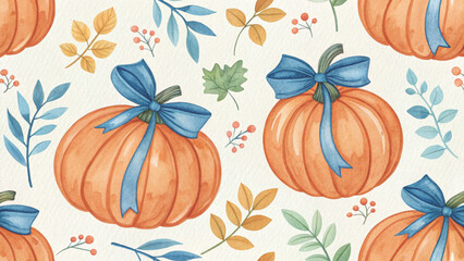 Watercolor with alternating blue pumpkins and bows beautifully background