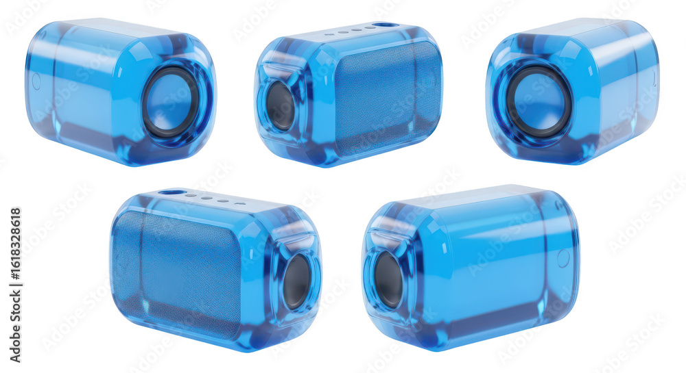Poster multiple angles of a transparent blue wireless speaker isolated on white background used for audio a