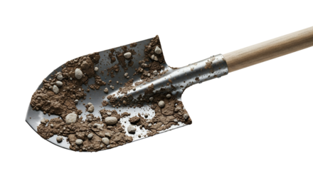 Muddy shovel with rocks and soil isolated on white background