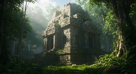 Ancient stone temple nestled deep within a lush, sun-dappled jungle, overgrown with vegetation.