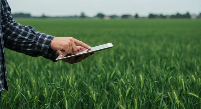 An agronomist with a digital tablet analyzes data in a green wheat field, showcasing the future of smart farming and agricultural technology. - Powered by Adobe