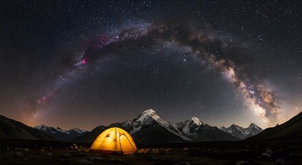 Lit tent glows under Milky Way.  Mountains, stars, night.  Adventure travel, camping, outdoor concept.  Great for editorial, web design, marketing.