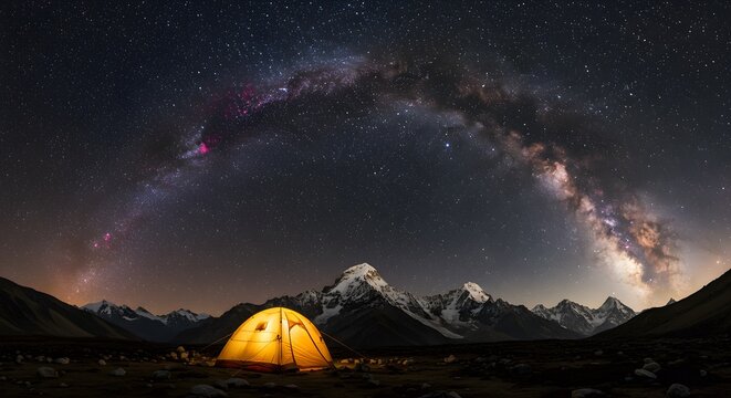 Lit tent glows under Milky Way. Mountains, stars, night. Adventure travel, camping, outdoor concept. Great for editorial, web design, marketing.