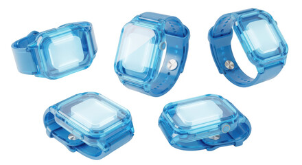 Five transparent blue smartwatches in an angled arrangement set against a plain white background suggesting technology design and protection