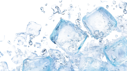 A vertical shot showcases three clear ice cubes gracefully suspended in water, accompanied by scattered bubbles against a pure white backdrop.