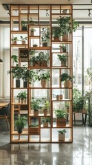Wooden plant divider, filled with greenery