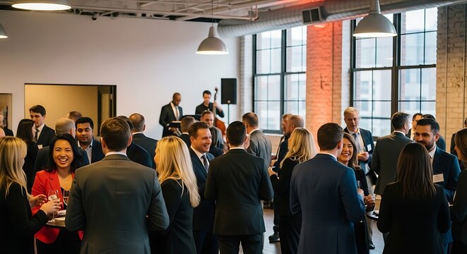 Professional networking event with diverse business people in modern office space