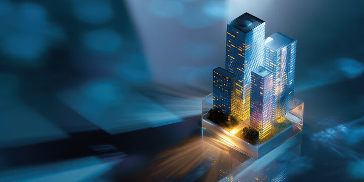 Floating skyscraper crystal cube cityscape illuminated modern architecture futuristic design miniature model glowing lights - Powered by Adobe