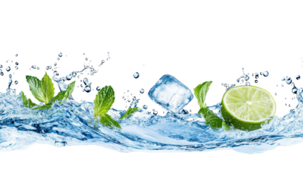 Refreshing splash of water with lime slice, mint leaves, and ice cubes isolated on white, representing freshness and summer drink concept
