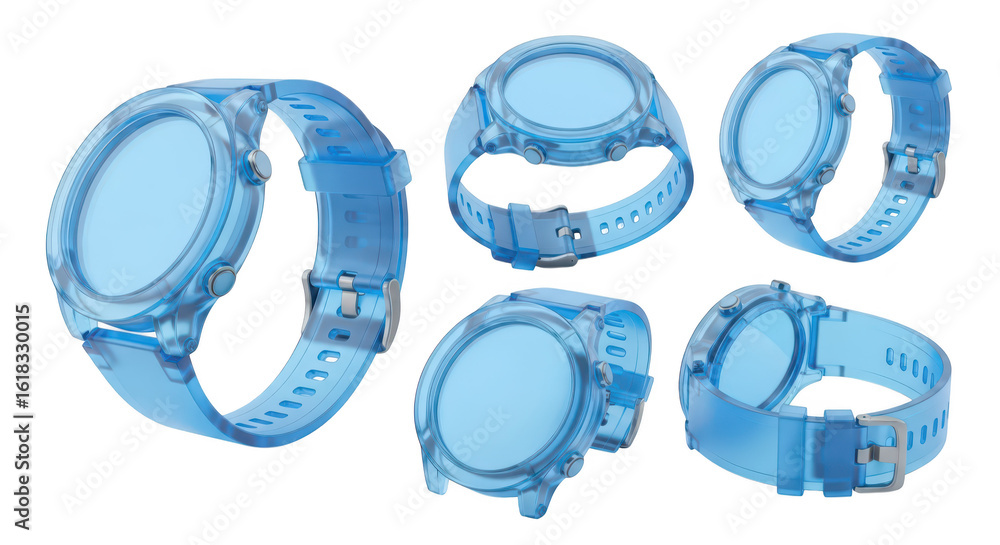 Poster transparent blue smartwatch shown at multiple angles studio white background showcasing design and f