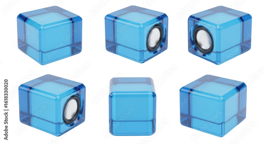 Poster blue transparent cube speakers in various angles isolated on white background for music audio sound 