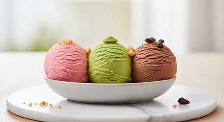 Three perfect scoops of strawberry, matcha, and chocolate ice cream in a white bowl. A delicious and colorful image of a classic trio of dessert flavors.