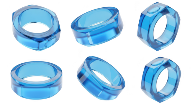 Six vibrant blue faceted acrylic rings displayed isolated on a clean white surface showcasing jewelry