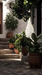 Naklejka premium Sunny Spanish Alleyway With Terracotta Pots And Plants