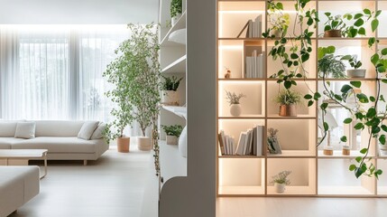 Light-filled modern living area with built-in shelving and plants
