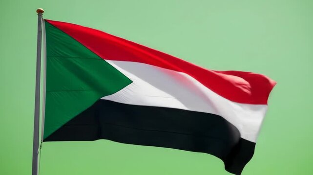 Sudanese Flag in Motion - The video captures the flag of Sudan waving gracefully, showcasing its vibrant colors of red, white, black, and green.