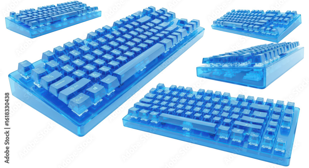 Aufkleber clear blue keyboards arranged in a 3d render with a white backdrop suitable for technology and desig