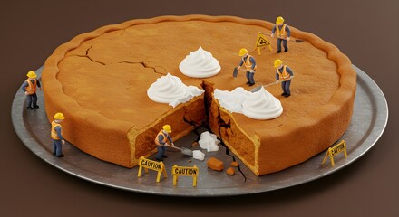 Humorous Pie Repair Scene with Miniature Construction Workers and Caution Signs on a Dessert