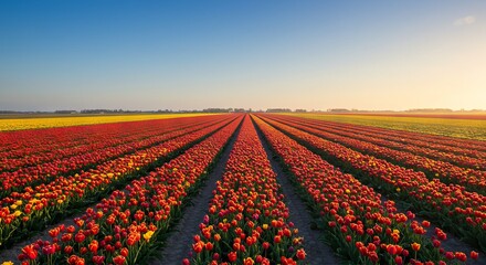 Vast field of red tulips under a clear blue sky