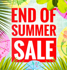 End of summer sale banner with colourful tropical background, summer season promotion background...