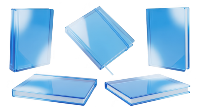 Transparent blue notebooks are levitating against a white background suggesting notes creativity and design inspiration Ideal for advertising - Powered by Adobe