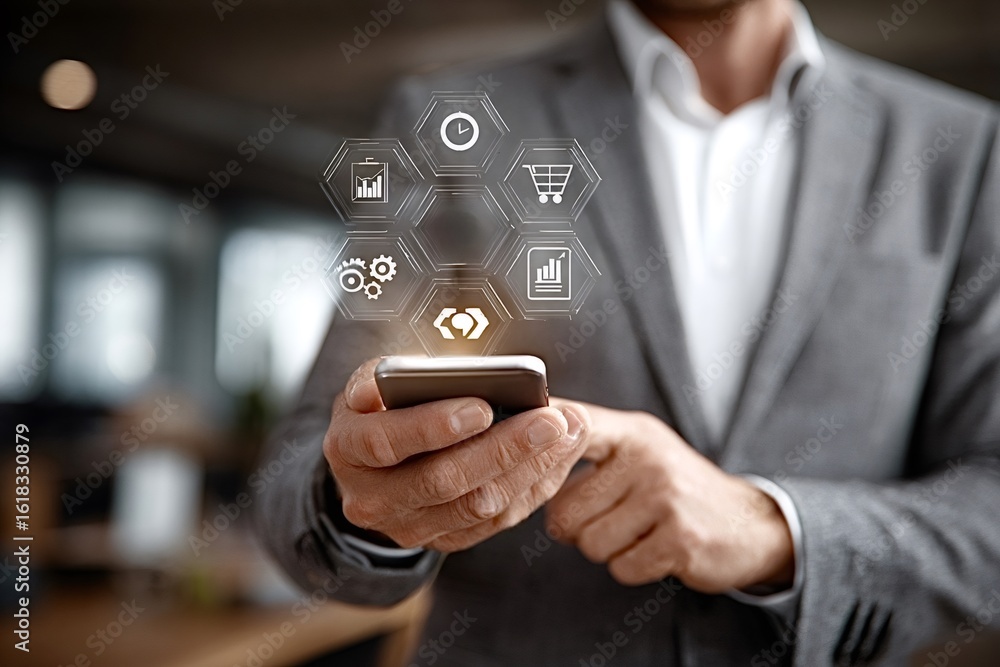 Poster businessman is using a smartphone with omnichannel technology, integrating various communication cha