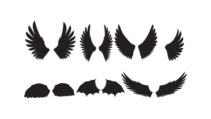 Wings set, feathered and bat wings, isolated silhouettes