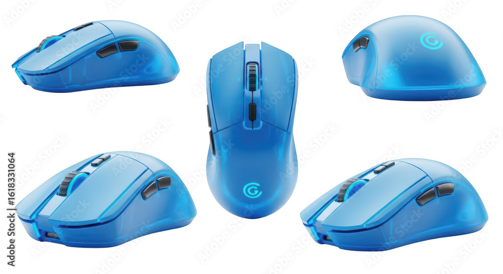 Aufkleber gaming mouse displayed in multiple angles showcasing its features backlit against a white backdrop p