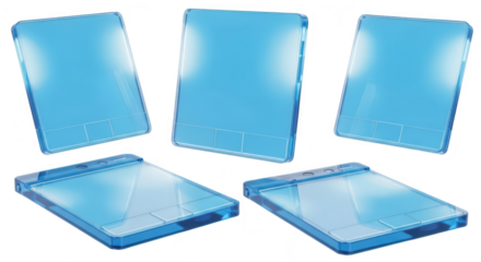 Rendered blue transparent tablet devices floating and rotating on white background suggesting technological innovation or user interface design elements Potential use for futuristic concepts