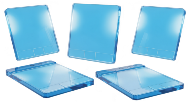 Rendered blue transparent tablet devices floating and rotating on white background suggesting technological innovation or user interface design elements Potential use for futuristic concepts