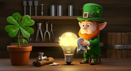 Leprechaun Polishing Light Bulb with Shamrock Plant for Saint Patrick's Day Celebration