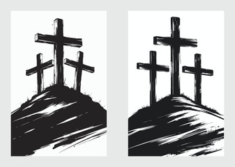 Three Christian crosses on hilltop in rough grunge brush painted silhouette style