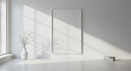 Minimalist white room interior with a blank vertical frame for mockup, bathed in natural light and casting long window shadows.