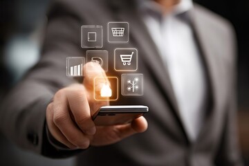 Businessman is using smartphone for online shopping and e commerce management, touching holographic icons representing various business functions
