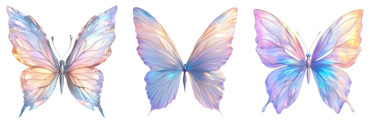 Fantasy Butterflies with Iridescent Translucent Wings in Pastel Rainbow Tones on Transparent Background