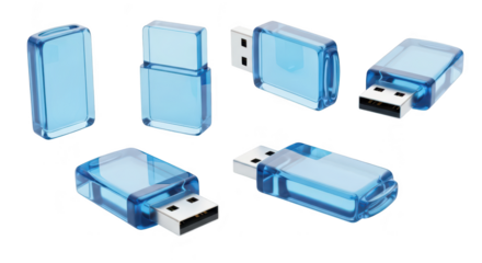 Clear blue USB flash drives floating showing different angles against white background representing data storage concepts