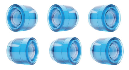 Six futuristic blue lens components isolated on white showing various perspectives for use in visual design or product mockups