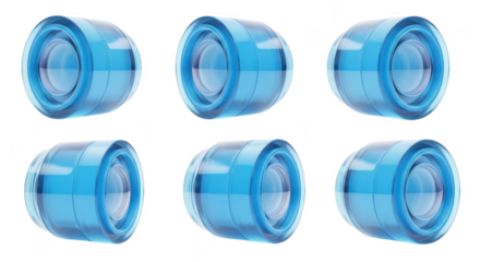 Six futuristic blue lens components isolated on white showing various perspectives for use in visual design or product mockups