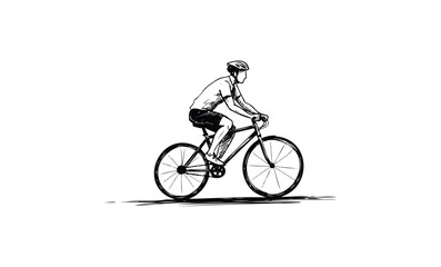 Fototapeta premium Sketch of male cycling on bicycle with helmet. Vector retro hand drawn illustration