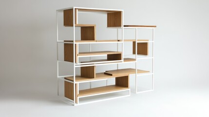 Abstract shelving unit with light oak wood and white metal framework.  Organized in a complex, layered design, featuring various sized rectangular compartments and shelves.  
