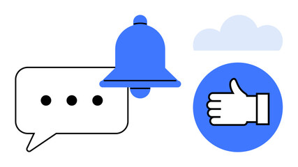 Speech bubble with three dots, blue notification bell, thumbs-up in a blue circle, and cloud. Ideal for communication, alerts, feedback, messaging, user interface notifications simple landing page