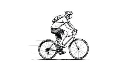 Fototapeta premium Sketch of young caucasian male cyclist riding bike fast with helmet and backpack. Vector retro hand drawn illustration