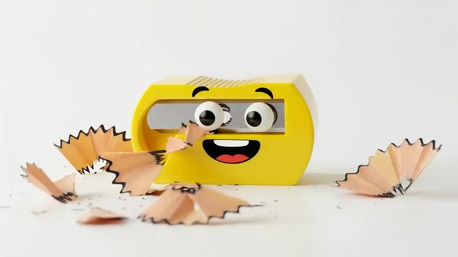 Animated Yellow Pencil Sharpener with Googly Eyes and a Cheerful Expression