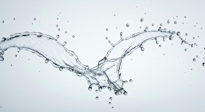 Dynamic clear water splash frozen in mid-air against a clean white background, creating an elegant abstract liquid shape.