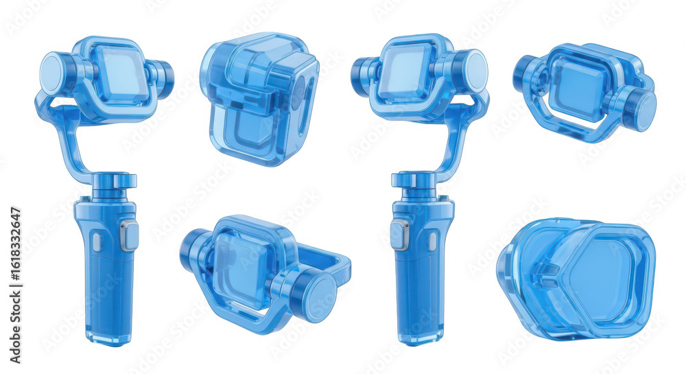 Aufkleber blue handheld camera gimbal in multiple angles isolated on white demonstrating stability and smooth 