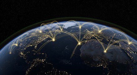 Global Network Connection From Space Earth at Night Data Transfer Communication Technology