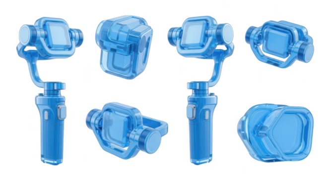 Blue handheld camera gimbal in multiple angles isolated on white demonstrating stability and smooth video capture suitable for vlogging and content creation